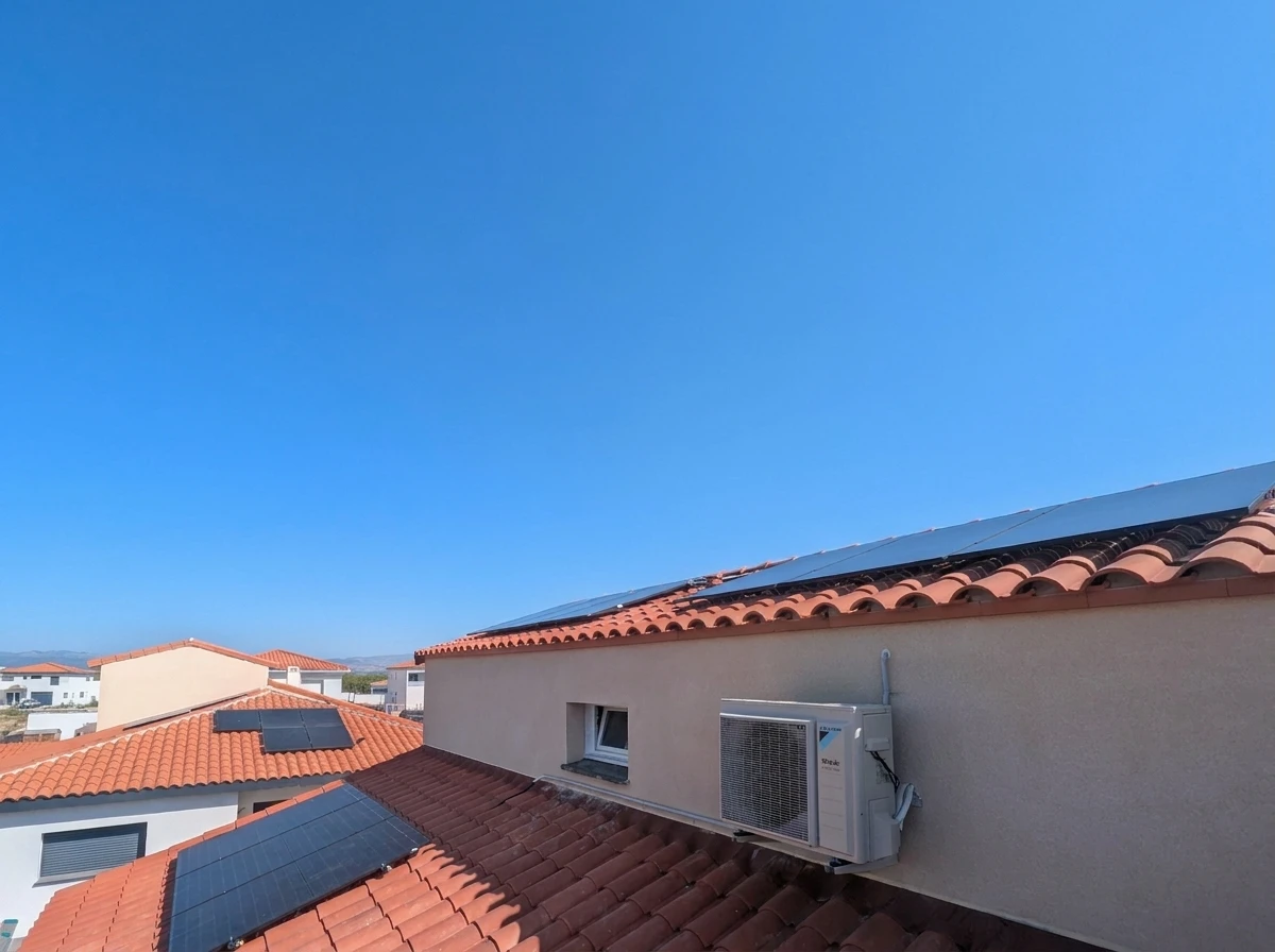Toiture résidentielle en tuiles d'argile avec installation de panneaux solaires photovoltaïques